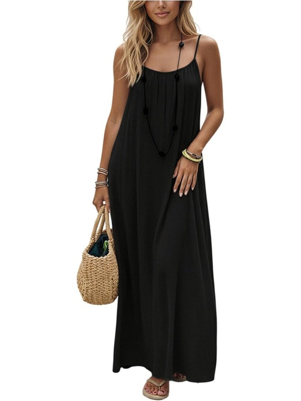 Women's Open Back Spaghetti Strap Beach Maxi Dress Black Flowy Vacation Sundress